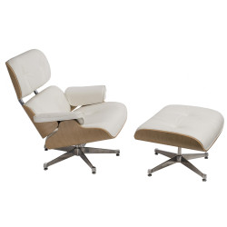 Fotel VIP z Podnóżkiem, Biały, Dąb Naturalny, Chromowana Podstawa, Inspirowany Lounge Chair