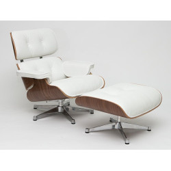 Fotel VIP z Podnóżkiem, Biały, Orzech, Chromowana Podstawa, Inspirowany Lounge Chair