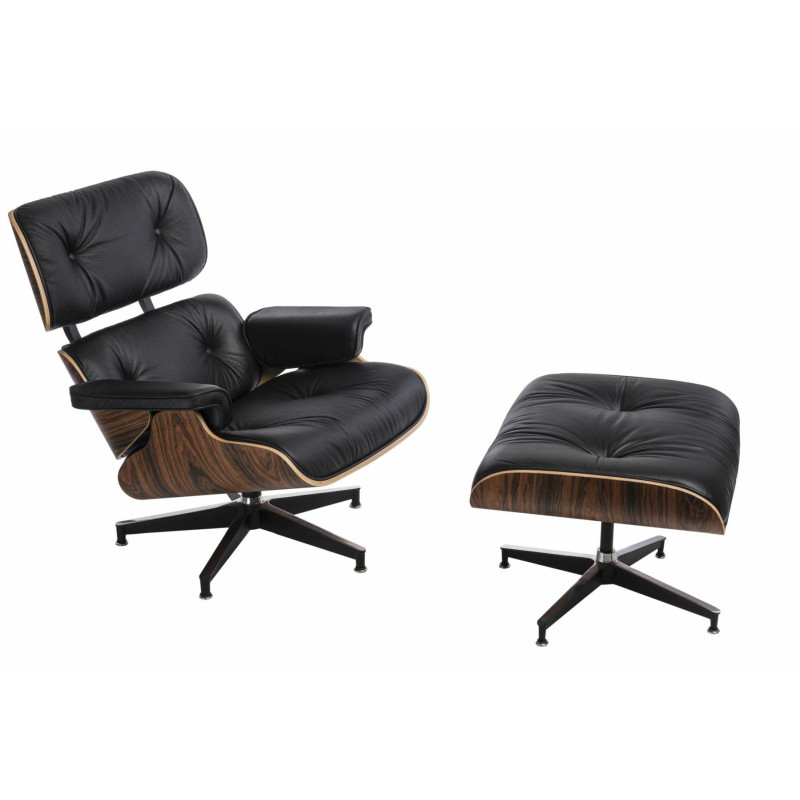 Fotel VIP z Podnóżkiem, Czarny, Palisander, Czarna Podstawa, Inspirowany Lounge Chair