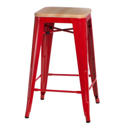 Hoker Czerwony, Krzesło Barowe Paris 75cm, Metalowe, Sosnowe Siedzisko, Inspirowane Tolix