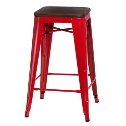 Hoker Czerwony, Krzesło Barowe Paris 75cm, Metalowe, Orzechowe Siedzisko, Inspirowane Tolix