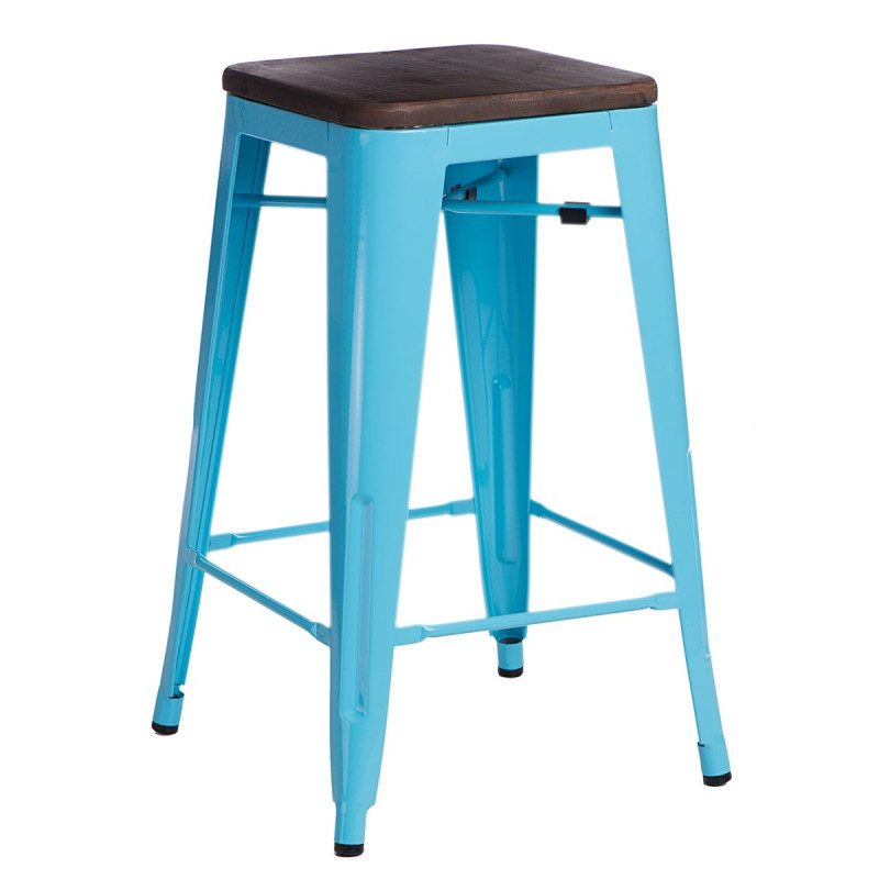 Hoker Niebieski, Krzesło Barowe Paris 75cm, Metalowe, Orzechowe Siedzisko, Inspirowane Tolix