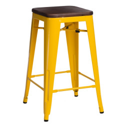 Hoker Żółty, Krzesło Barowe Paris 75cm, Metalowe, Orzechowe Siedzisko, Inspirowane Tolix