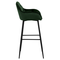 Krzesło Barowe Tapicerowane Brooke, Hoker, Zielone, Welwet, Pikowane, Czarne Metalowe Nogi
