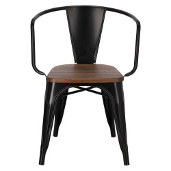 Krzesło Metalowe Paris Arms Wood (Czarne, Orzechowe Siedzisko, Inspirowane Tolix)