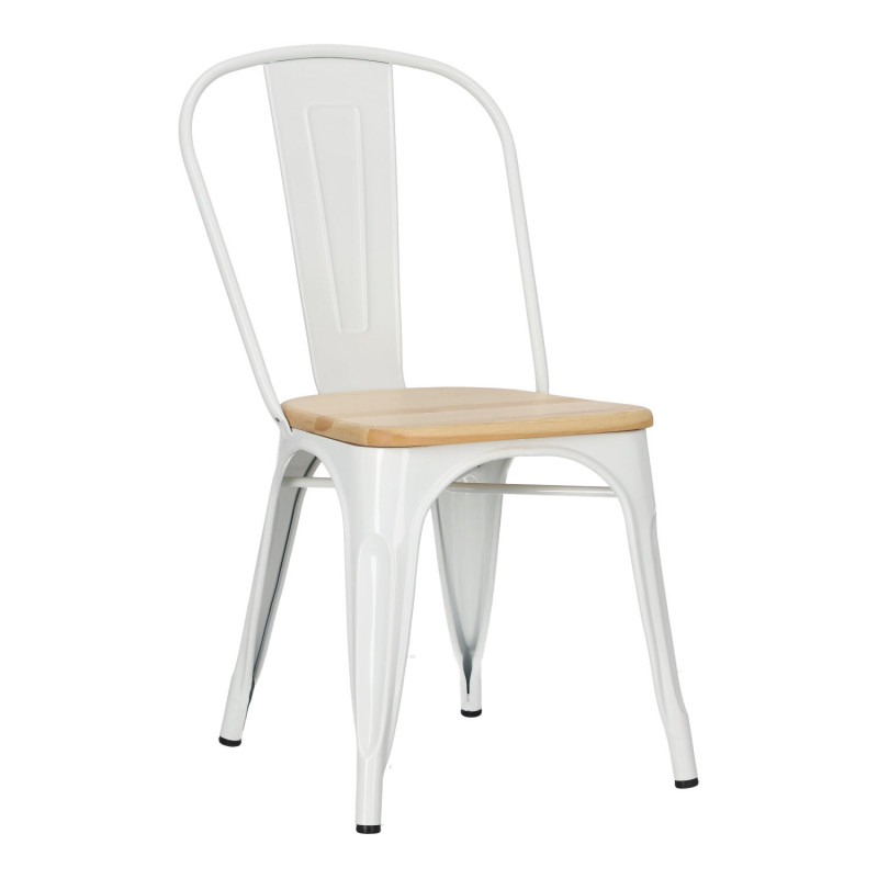 Krzesło Metalowe Paris Wood, Białe, Drewniane Siedzisko, Inspirowane Tolix