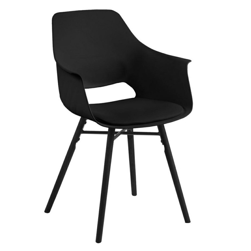 Krzesło Ramona, Czarne, Skórzana Poduszka, Podłokietniki, Czarne Drewniane Nogi